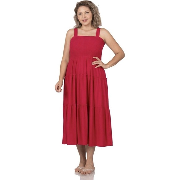 Zenana Ruby Red Smocked Tiered Midi Dress Plus Size 1X - Picture 1 of 2